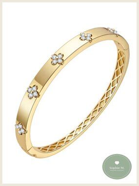 14K Gold Plated Cuff Bracelet Moissanite Four-Leaf Clover Bangle